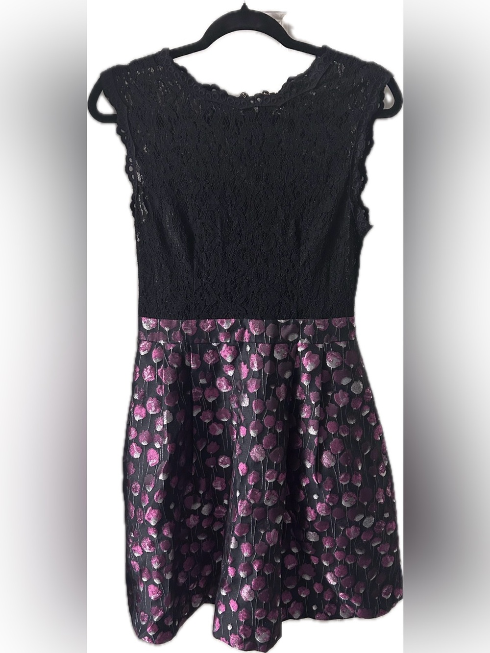 Cynthia Steffe Black Lace Bodice Floral Skirt Dress - Pink Accents